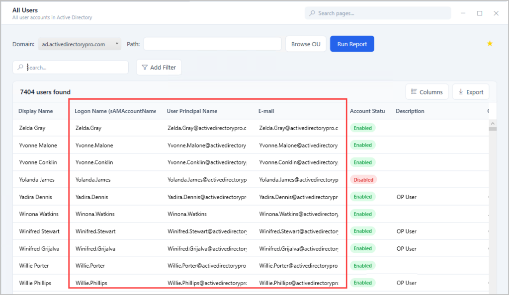 Report listing every user's email address alongside their username