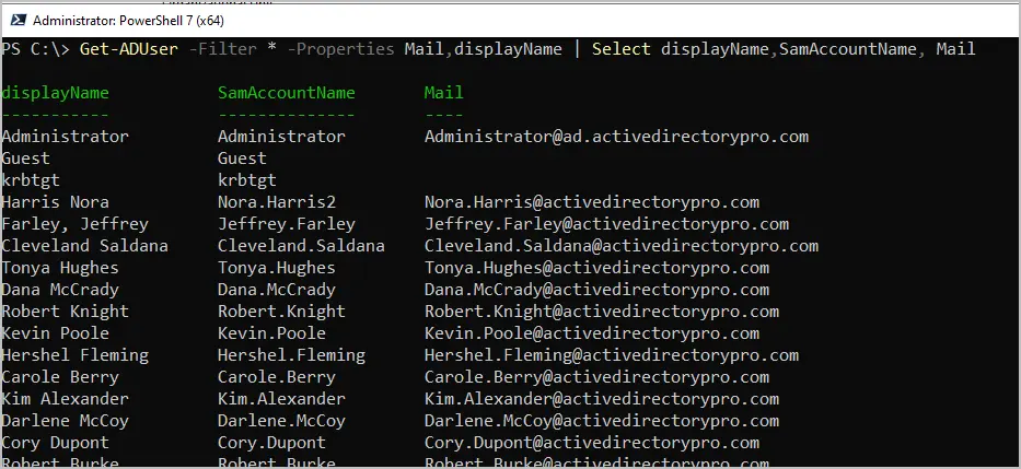 Get-ADUser output listing display name, logon name, and mail for every user