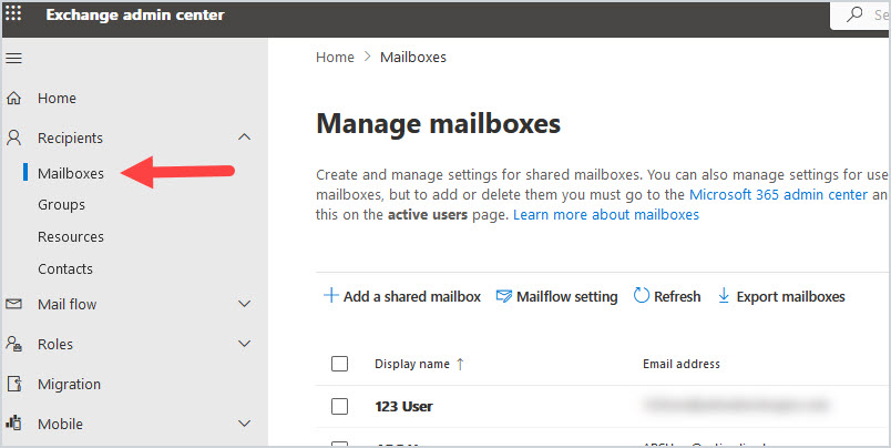Exchange admin center mailboxes page listing the tenant's mailboxes