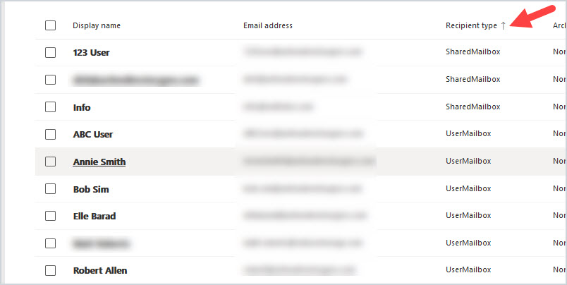 Mailbox list sorted by the Recipient type column