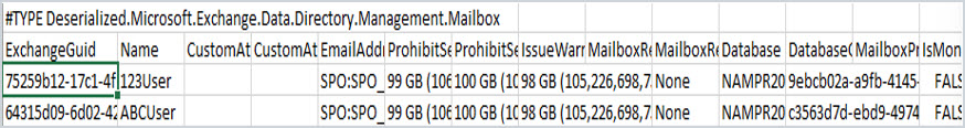 Exported mailbox list opened as a spreadsheet