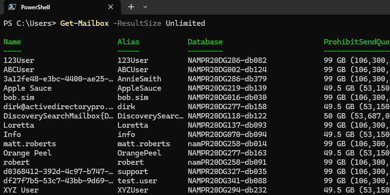 Get-Mailbox output listing every mailbox in the tenant