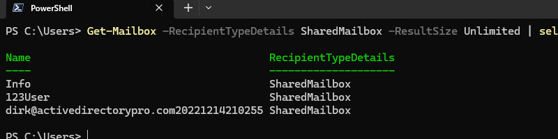 Get-Mailbox output filtered to shared mailboxes only