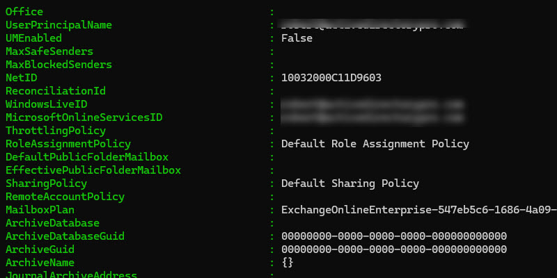 Full mailbox detail returned by piping Get-Mailbox to Format-List