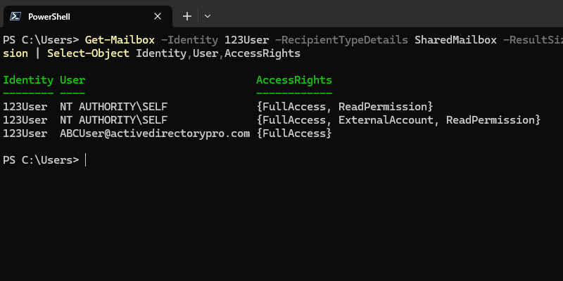 Mailbox delegates listed with their access rights