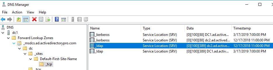 DNS console showing the SRV records Active Directory registers