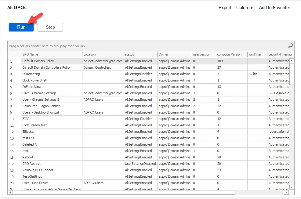 All GPOs report listing every GPO with its status and filtering settings