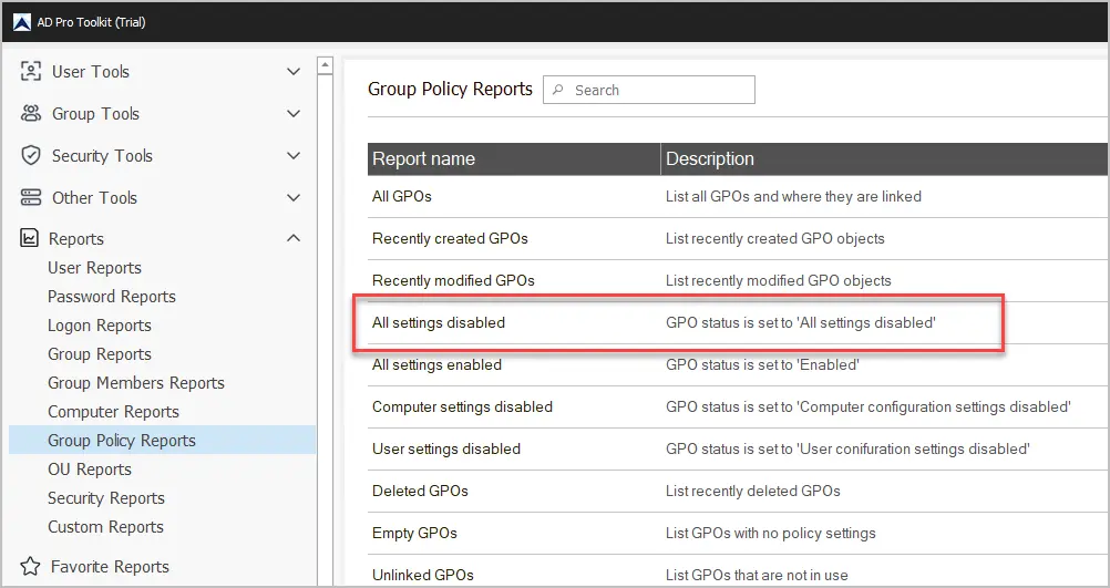 All settings disabled GPOs report listing the disabled policies