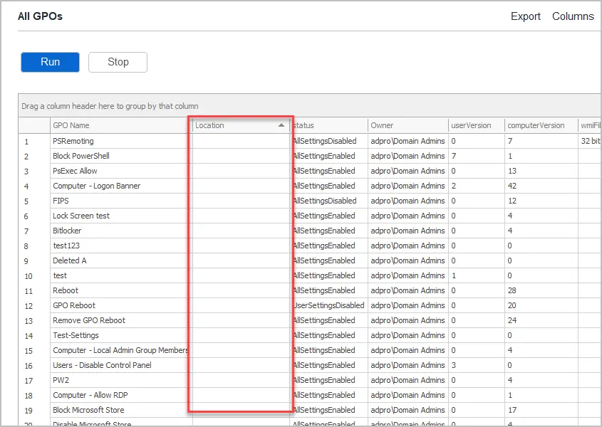 Report filtered on a blank location column to show only unlinked GPOs