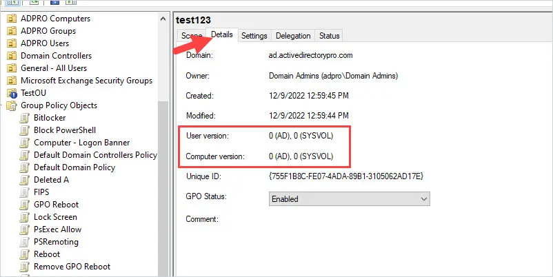 GPMC details tab showing the user and computer version numbers at zero