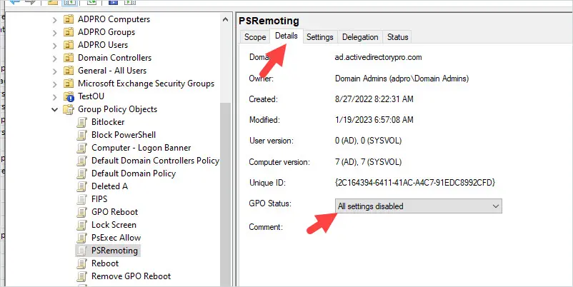 GPMC details tab showing the GPO status for a single policy