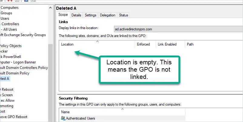 GPMC scope tab with an empty location box, indicating an unlinked GPO