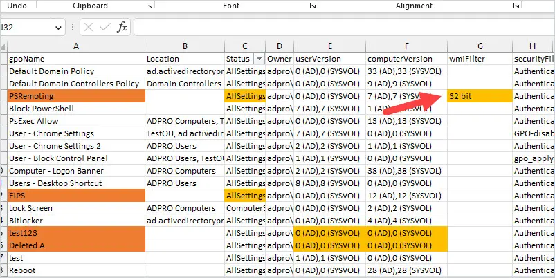 Spreadsheet with the WMI filtered GPO highlighted for review