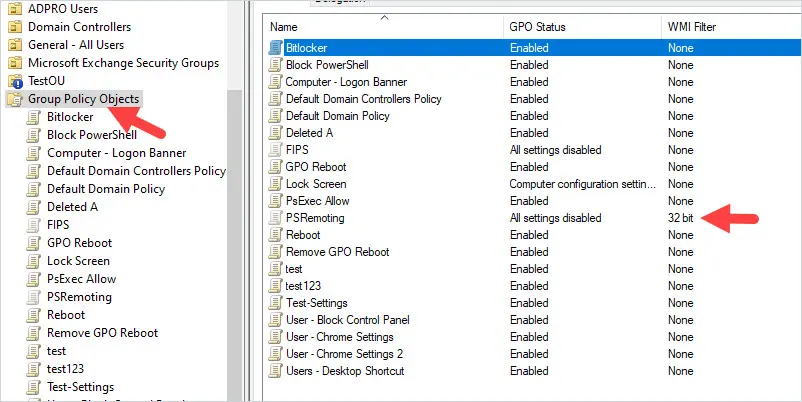 GPMC Group Policy Objects list with the WMI Filter column visible