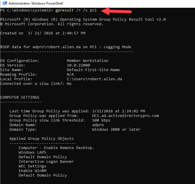 gpresult on remote computer