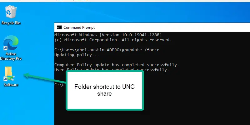 Desktop showing the shortcut to the network shared folder after gpupdate