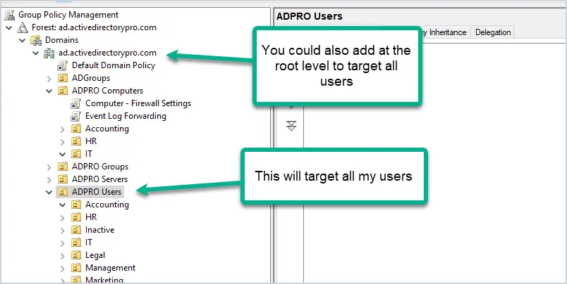 Group Policy Management console ready to create a new GPO on a users OU