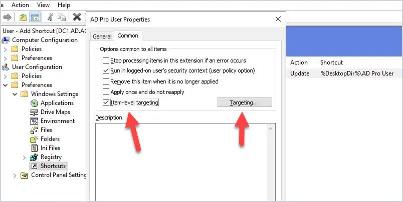 Common tab with Item-level targeting checked and the Targeting button