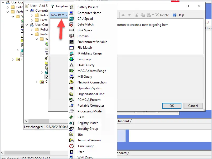 Targeting editor New Item menu listing the available targeting options