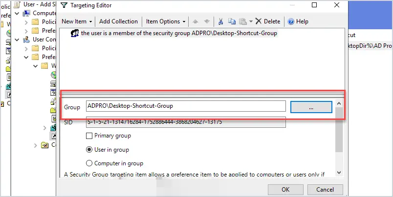 Targeting editor with a security group selected as the targeting item