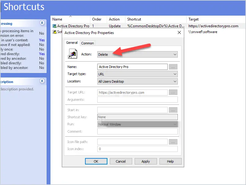 Shortcut properties with the action changed to Delete
