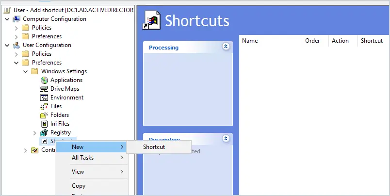 Shortcuts preference right clicked with New and Shortcut selected