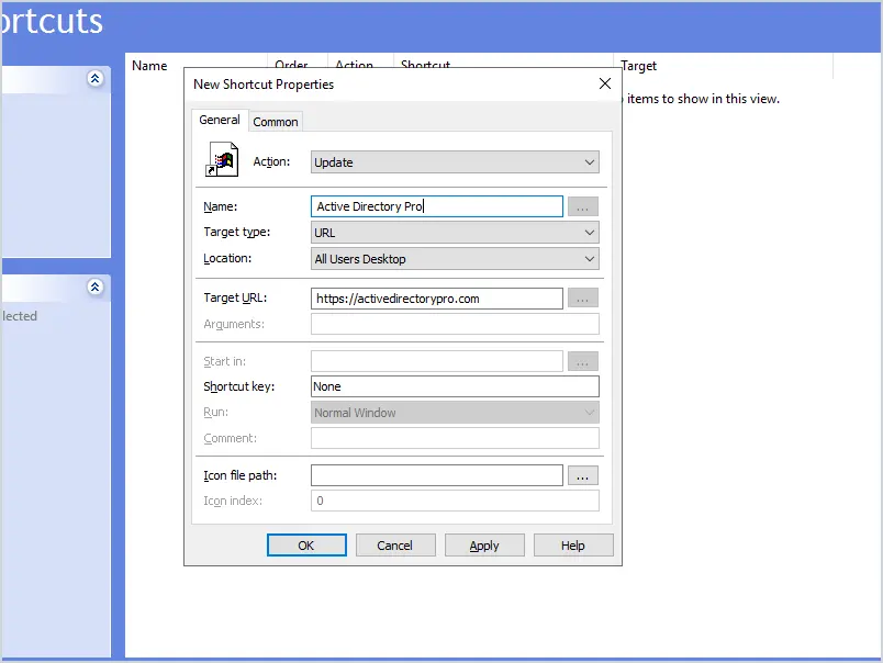 New Shortcut Properties with the action set to Update, target type URL, and location All Users Desktop