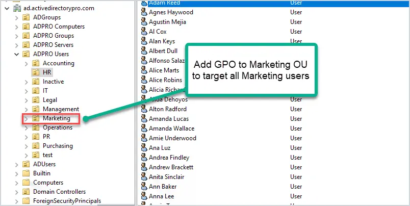 Group Policy Management console with the GPO linked to a single department OU
