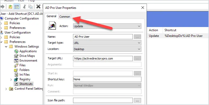 Shortcut properties open on the Common tab