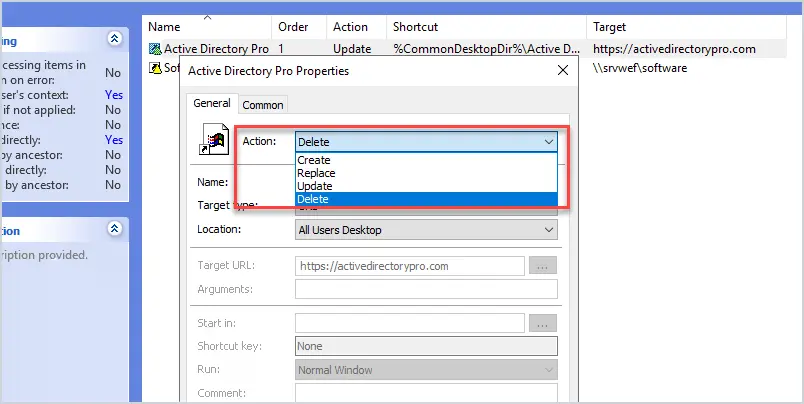 Action drop down listing Create, Delete, Replace, and Update