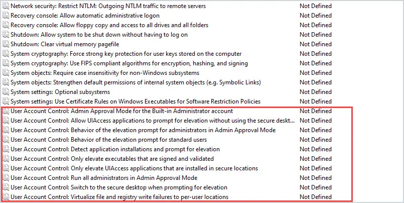 User Account Control policies listed under Security Options