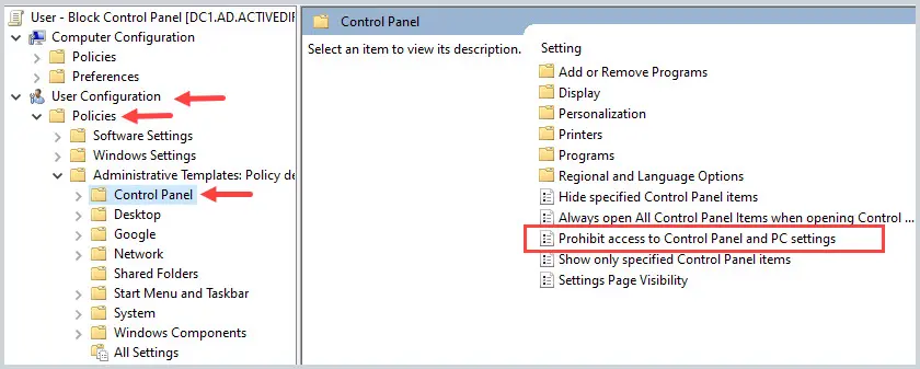 gpo block access to control panel