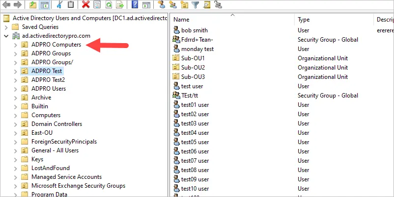 Group Policy Management console showing the computers OU and its sub-OUs