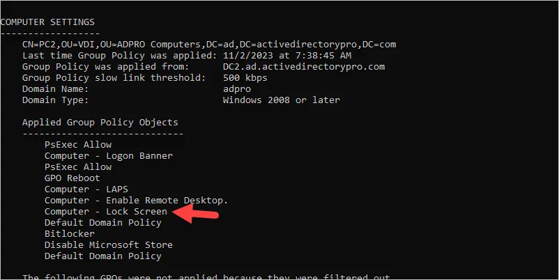 gpresult output listing the lock screen GPO as applied to the computer