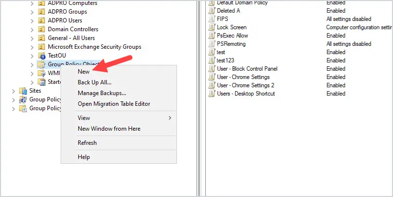 Group Policy Objects right clicked with New selected