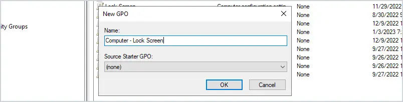 New GPO dialog with the lock screen policy name entered