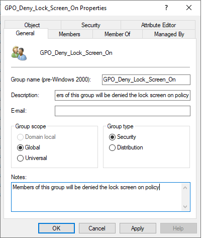 Security group created for the computers that should skip the lock screen policy