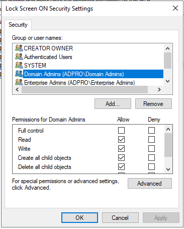Security settings window with the Add button for the exclusion group