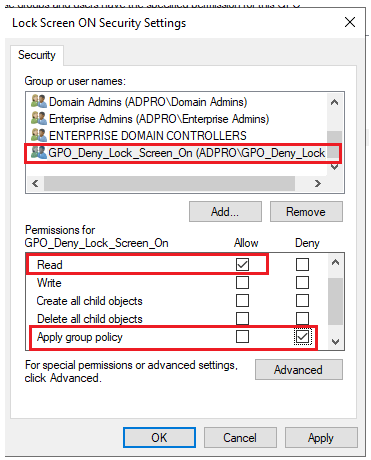 Group permissions set to Allow read and Deny apply group policy