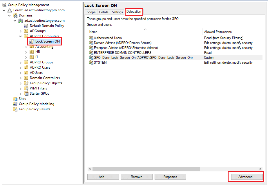 Delegation tab of the GPO with the Advanced button