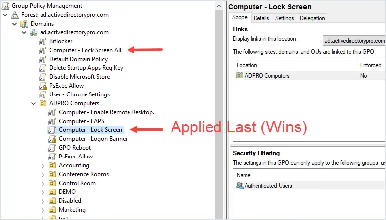 Two lock screen GPOs, one linked at the domain and one at an OU