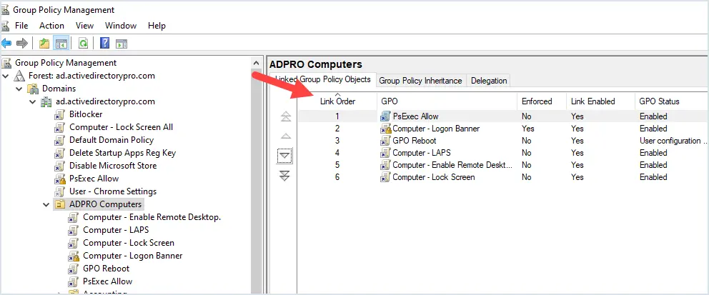 Linked Group Policy Objects tab showing the link order numbers