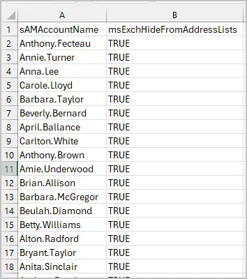CSV file with sAMAccountName and msExchHideFromAddressLists columns set to True