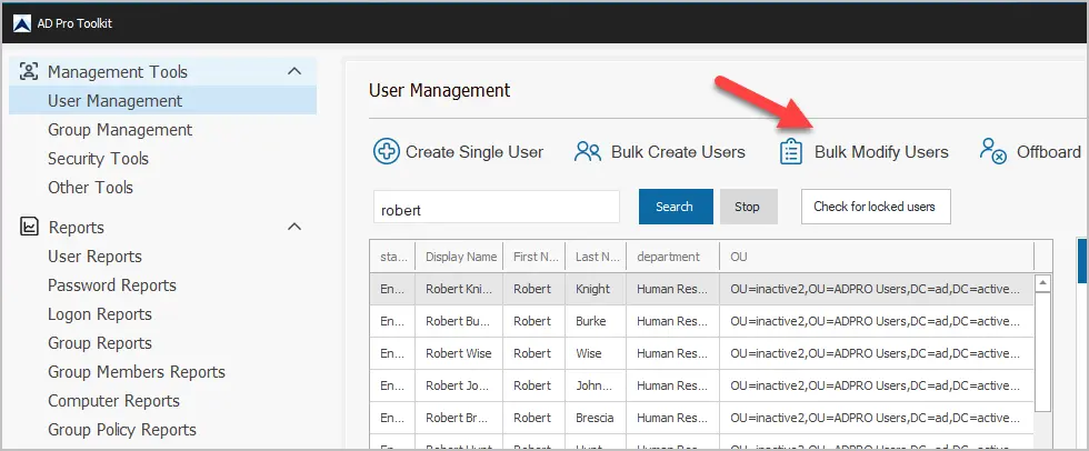 AD Pro Toolkit with the Bulk Modify Users tool selected