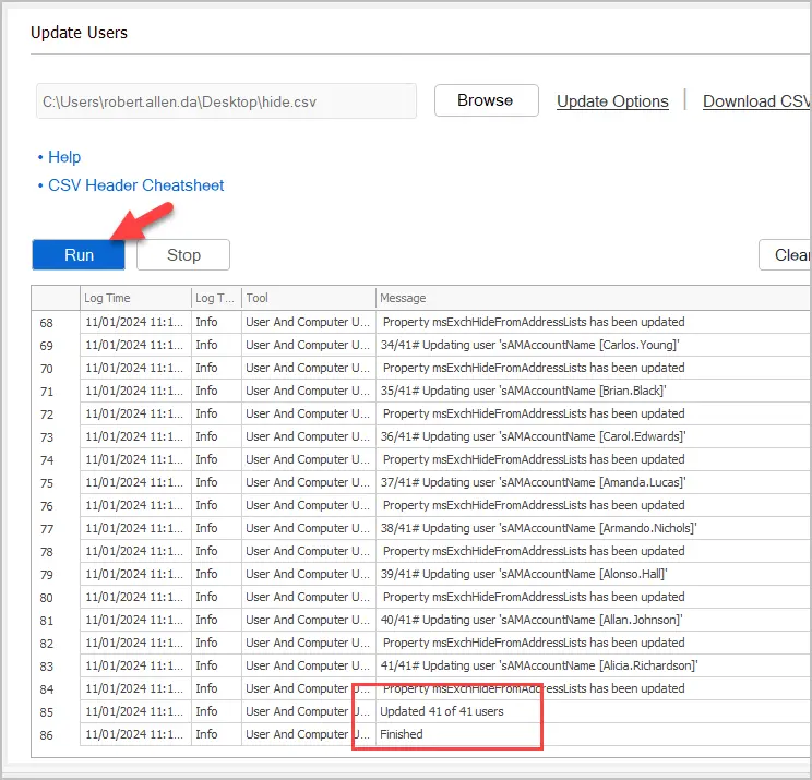 Bulk Modify Users tool with the CSV file selected and ready to run