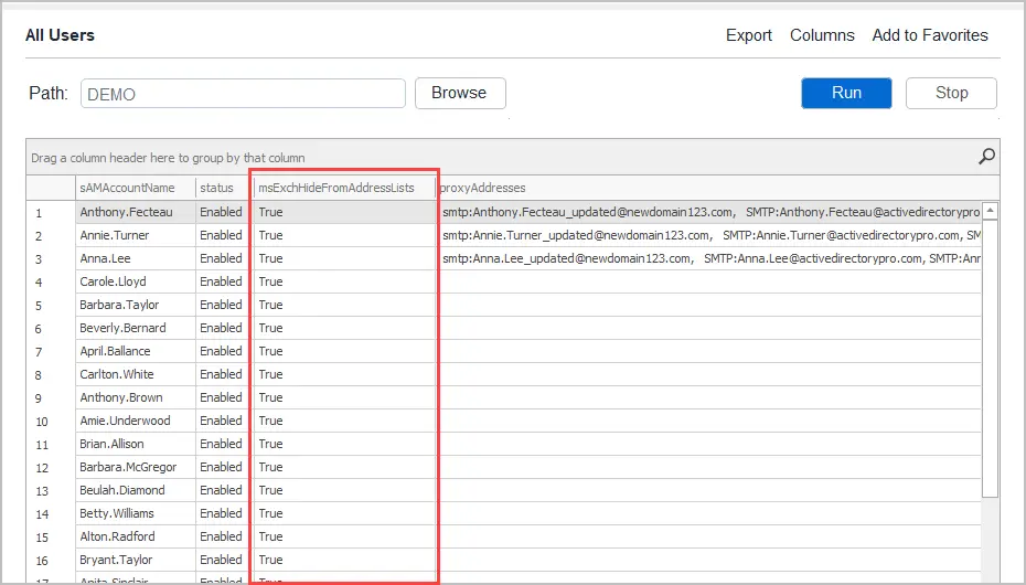 User report listing accounts with their msExchHideFromAddressLists values