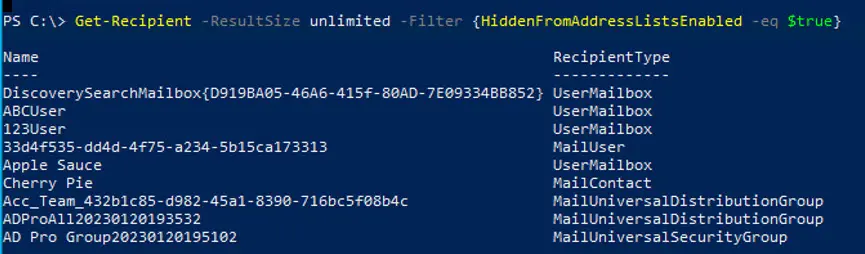 Get-Recipient output listing every object hidden from the global address list