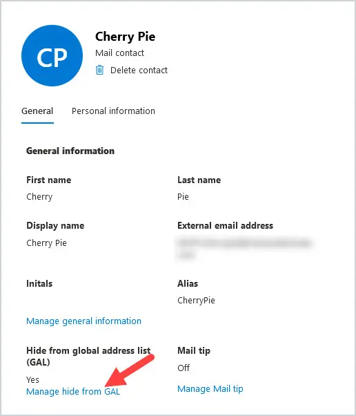 Contact details pane with Manage hide from GAL at the bottom