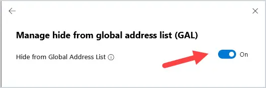 Manage hide from global address list panel with the setting toggled to On