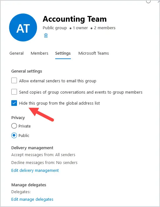 Group settings tab with Hide this group from the global address list checked